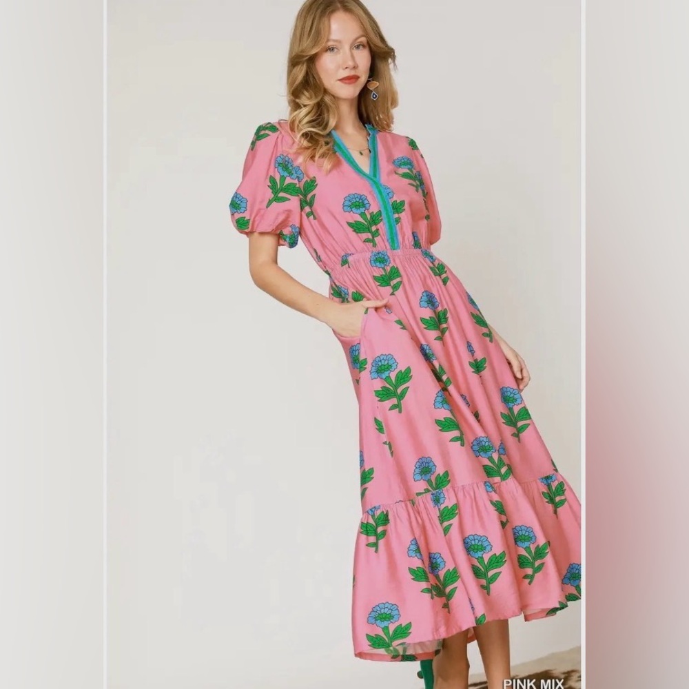 Chic Pink Floral Maxi Dress with Blue Highlights
